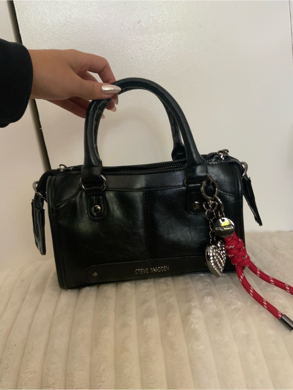 Steve Madden Black Satchel with Red Charm Accent